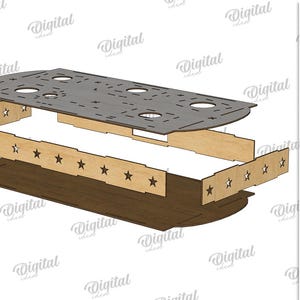 May include: A layered wooden craft project with a dark gray top piece with circular cutouts, light brown side pieces with star cutouts, and a dark brown base. The material width is 3 mm. Digital download available.