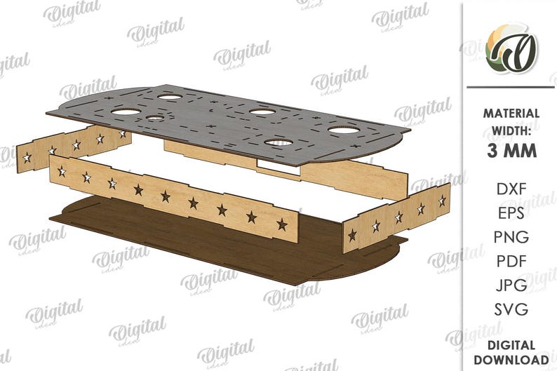 May include: A layered wooden craft project with a dark gray top piece with circular cutouts, light brown side pieces with star cutouts, and a dark brown base. The material width is 3 mm. Digital download available.