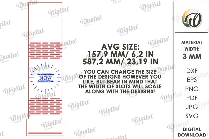 K&ouml;nnte beinhalten: Ein digitales Design mit dem Text "yesterday, NOW, tomorrow" in einem Kreis. Abmessungen: 157,9 mm x 587,2 mm. Materialst&auml;rke: 3 mm. Verf&uuml;gbar in DXF, EPS, PNG, PDF, JPG und SVG Formaten.