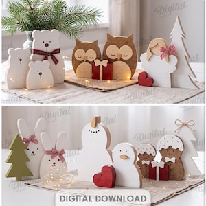 Puede incluir: Una colección de 10 figuras decorativas de madera con temática navideña que incluye osos, búhos, pingüinos, renos, muñecos de nieve, hombres de jengibre, gnomos y Santa Claus. Incluye archivos digitales DXF, EPS, PNG, PDF, JPG y SVG para 6mm.