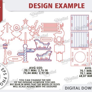 May include: A digital design file for a Christmas village scene. The design includes a Christmas tree, a reindeer, a sleigh, a lamppost, a signpost, and a house. The design is in red and blue lines on a white background. The text "DESIGN EXAMPLE" is at the top of the image. The text "MATERIAL WIDTH: 3 MM" is at the top left of the image. The text "AVG SIZE: 70.1 MM/ 2.76 IN 75.44 MM/ 2.97 IN" is at the bottom left of the image. The text "AVG SIZE: 70.1 MM/ 2.76 IN 70.1 MM/ 2.76 IN 68.07 MM/ 2.68 IN" is at the bottom right of the image. The text "YOU CAN CHANGE THE SIZE OF THE DESIGNS HOWEVER YOU LIKE, BUT BEAR IN MIND THAT THE WIDTH OF SLOTS WILL SCALE ALONG WITH THE DESIGNS!" is in the middle of the image. The text "DIGITAL DOWNLOAD" is at the bottom of the image.