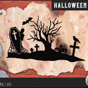 Może przedstawiać: Czarna sylwetka przerażającej sceny halloweenowej z trumną, drzewem, krukiem na krzyżu i dyniami. Scena znajduje się na brązowym, teksturowanym tle z czerwonymi plamami.