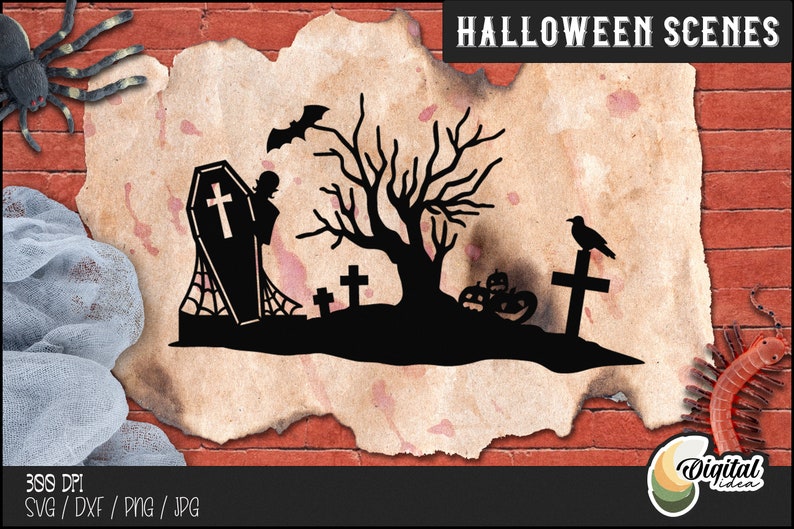 Może przedstawiać: Czarna sylwetka przerażającej sceny halloweenowej z trumną, drzewem, krukiem na krzyżu i dyniami. Scena znajduje się na brązowym, teksturowanym tle z czerwonymi plamami.
