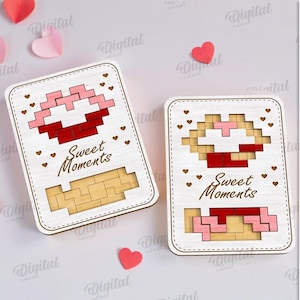 May include: Two wooden puzzles with a pixelated cupcake design and the words "Sweet Moments." The puzzles are surrounded by paper hearts in shades of pink and red. The design is suitable for any material thickness.