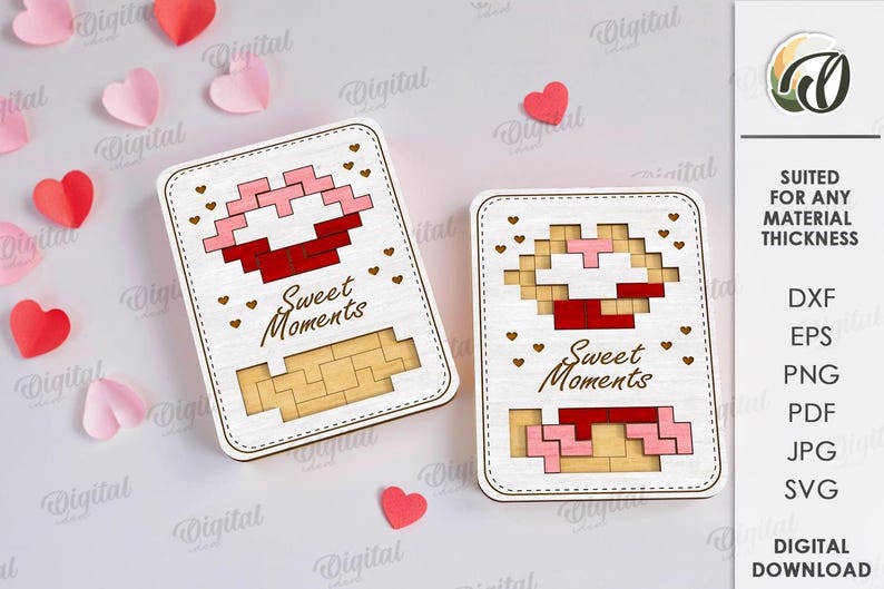 May include: Two wooden puzzles with a pixelated cupcake design and the words "Sweet Moments." The puzzles are surrounded by paper hearts in shades of pink and red. The design is suitable for any material thickness.