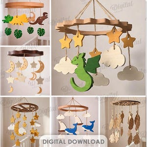 May include: A collection of ten wooden baby mobile designs, each featuring unique shapes like stars, clouds, moons, and animals. The mobiles are suspended from wooden rings and are suitable for various material thicknesses. The image includes the text "DIGITAL DOWNLOAD".