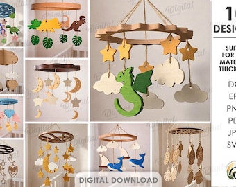 3D Baby mobiles bundle, nursery decor laser cut files, moon and stars crib mobile svg, newborn gift, cute boho ornament, dino, marine