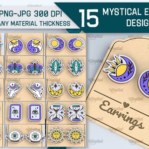 May include: 15 mystical earring designs in SVG, DXF, PNG, and JPG formats. The designs feature a variety of celestial and spiritual symbols, including moons, stars, eyes, and crystals. The earrings are suitable for any material thickness.