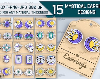 Mystical stud earrings bundle, magical jewelry laser cut, boho svg, celestial wooden earring,  tarot svg, witchy engraved earrings