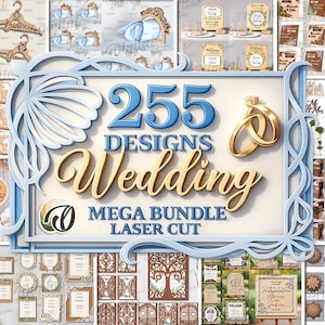 Könnte beinhalten: Eine Sammlung lasergeschnittener Hochzeitsdesigns, darunter Einladungen, Schilder und Dekorationen. Das zentrale Bild zeigt den Text "255 Designs Wedding Mega Bundle Laser Cut" in Blau und Gold, mit goldenen Eheringen.