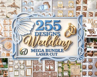 3D Wedding Laser cut Mega Bundle, 255 wedding laser cut designs, floral table decor, invitation svg, guest book sign, place holder, ring box