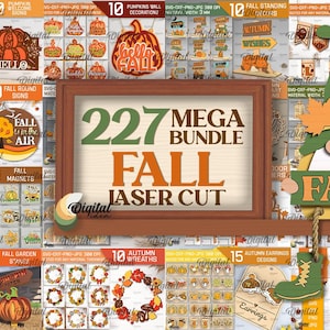 May include: A collage of 227 fall-themed laser cut designs. The designs include pumpkins, gnomes, wreaths, signs, flags, and more. The designs are perfect for crafting, decorating, and adding a touch of fall to your home.
