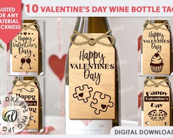 Valentine's Day wine bottle tags bundle,wooden wine tag laser cut, bottle neck label, Valentine love quotes, wine hanging tag template svg