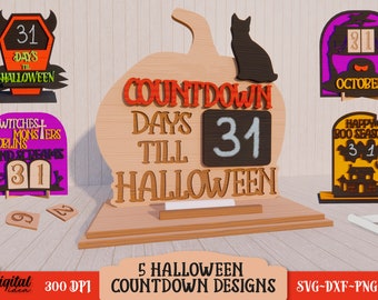 Pakiet 3D odliczania do Halloween, Laserowo wycinane dni do Halloween, Kalendarz odliczania do Halloween SVG, Warstwowy laserowo wycinany znak stołowy