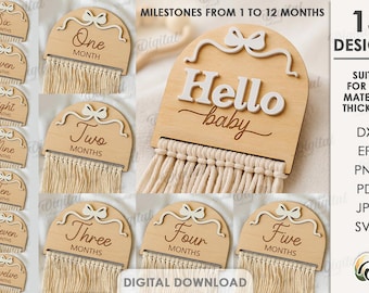 3D Macrame baby milestone cards bundle, layered baby sign laser cut files, rustic monthly milestone disc, newborn svg, hello baby
