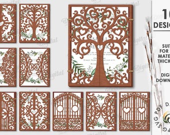 Paquete de porta invitaciones de boda de madera 3D, sobre para tarjeta de boda cortado con láser, cubierta de invitación floral SVG, plantilla de tarjeta plegable de madera