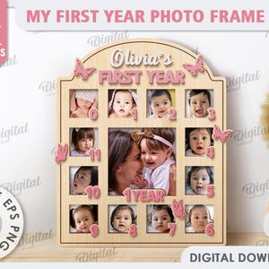 May include: A pink and white wooden photo frame with the text "Olivia's First Year" and 12 photo spaces. The frame is decorated with butterflies and numbers 1 through 12.