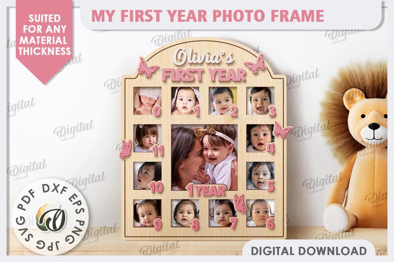 May include: A pink and white wooden photo frame with the text "Olivia's First Year" and 12 photo spaces. The frame is decorated with butterflies and numbers 1 through 12.