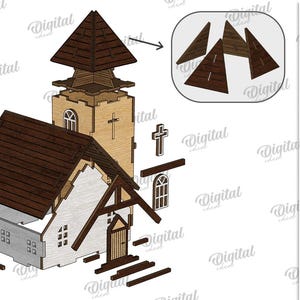 May include: A wooden church model with a brown roof and steeple, and a white facade. The model includes a cross and window details. The material width is 3 mm. Digital download available.