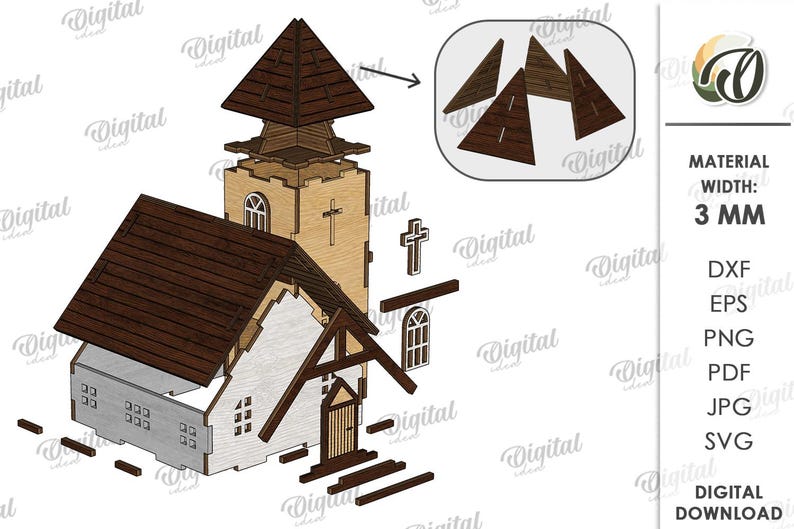 May include: A wooden church model with a brown roof and steeple, and a white facade. The model includes a cross and window details. The material width is 3 mm. Digital download available.