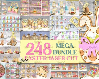 Mega Bundle de Pâques découpé au laser, 248 motifs découpés au laser de Pâques, Joyeuses Pâques 3D découpé au laser SVG, carte pop-up, lanternes en bois, ornement, supports svg