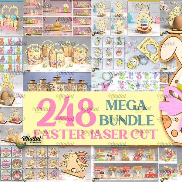 Mega paquete cortado con láser de Pascua, 248 diseños de corte láser de Pascua, SVG cortado con láser 3D Happy Easter, tarjeta emergente, linternas de madera, adorno, soportes svg