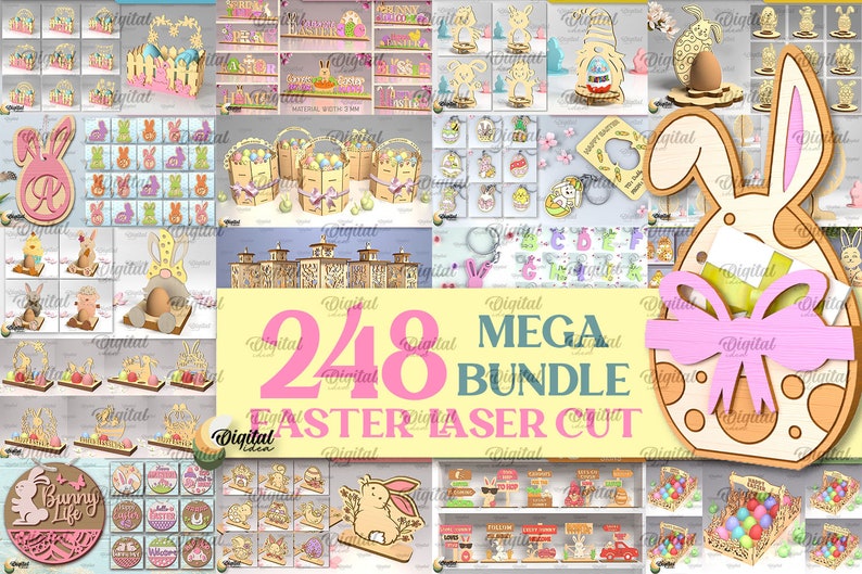 Mega bundle con taglio laser di Pasqua, 248 deisgn di taglio laser di Pasqua, taglio laser 3D di buona Pasqua SVG, biglietto pop-up, lanterne in legno, ornamento, stand in formato SVG immagine 1