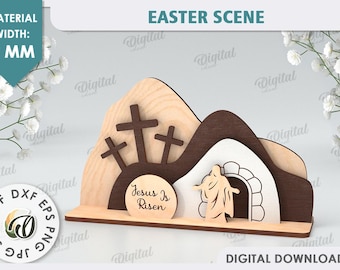 3D Osterszenenständer, Jesus ist auferstanden SVG, religiöser Schichtständer Laserschnitt, christliche Zitate svg, Holzdekor, Regalsitter svg