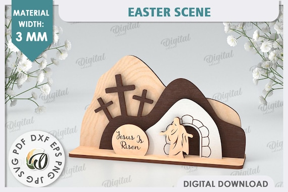 3D Easter scene stand, Jesus is risen SVG, religious layered stand laser cut, christian quotes svg, wooden home decor, shelf sitter svg