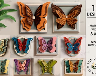 May include: A collection of 10 layered butterfly wall art designs featuring various color combinations including orange, brown, blue, red, pink, purple, yellow, and green. The digital download includes files for 3 mm material width.