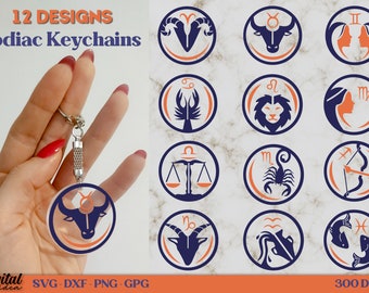 Zodiac keychains SVG, Round keychain Star sign svg, Astrological sign keychain bundle, Astrology SVG, Horoscope SVG, personalised key ring