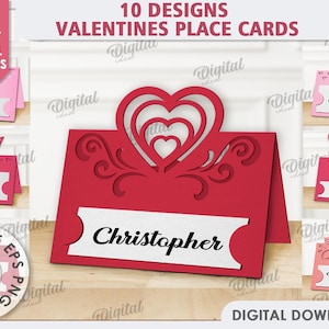 3D Valentinstag Tischkarten Bundle, Hochzeitskarte Papierschnitt, Namenskarte svg, benutzerdefinierte Namen, Liebesherz Tischkarte, personalisierter Platzhalter
