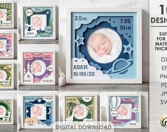 Pacote de Molduras 3D com Estatísticas de Nascimento do Bebê, Arquivos de Recorte de Papel para Molduras de Fotos em Camadas, Lembrança de Recém-Nascido, Decoração de Quarto de Bebê em SVG, Presente para Chá de Bebê