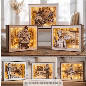 Puede incluir: Una colección de diez cajas de luz rectangulares de madera con escenas cortadas a láser de diversas profesiones como herrero, chef, bombero y médico. Cada caja está iluminada con luces internas cálidas e incluye especificaciones de grosor de material de 3 mm y formatos de archivo como DXF, EPS, PNG, PDF, JPG y SVG.