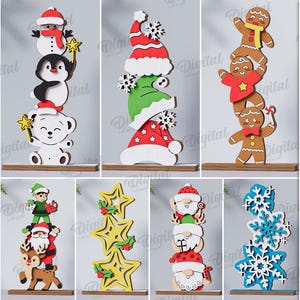 3D Triple Christmas stands bundle, Xmas standing decor laser cut, Christmas characters, stacked layered wooden shelf sitter svg, snowflake