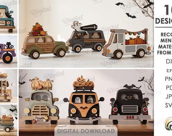 Fall & Halloween Layered Cars Bundle, Vintage Truck Laser Cut Files, Autumn Automobile Decor, Pumpkin, Ghost SVG, Spooky Home Decor