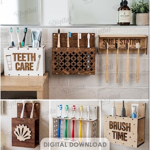 May include: A collection of ten wooden toothbrush holder designs featuring various laser-cut patterns, text like 'TEETH CARE', 'SMILE STATION', and 'BRUSH TIME', and slots for toothbrushes and toothpaste. The material width is 3 mm.