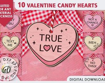 Valentine's Day candy hearts bundle, Valentines ornaments laser cut, conversation heart gift tag svg, wooden ornament, heart candy keychain