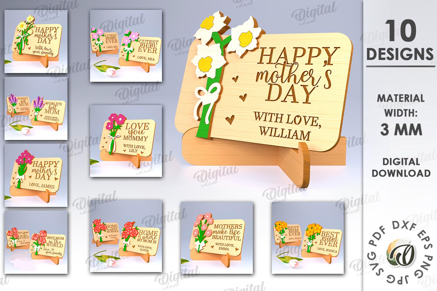 3D Mother's Day floral cards bundle, greeting card lasercut, wooden card with stand, Happy Mother's Day svg, personalized flower card svg