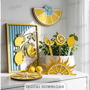 May include: A display of yellow wooden lemon-themed decorations, such as a wreath, wall art, clock, and plant stakes. The designs feature lemon slices and whole lemons. The image also includes the text "10 DESIGNS" and "DIGITAL DOWNLOAD".