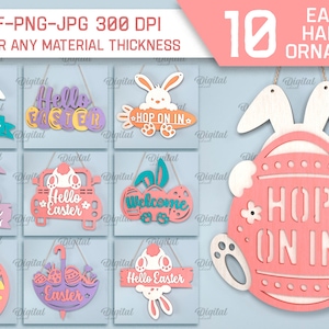 Puede incluir: Diez archivos de corte digital para adornos colgantes de Pascua. Los adornos presentan conejos, huevos y saludos de Pascua. Los archivos son adecuados para cualquier grosor de material.