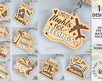 Vacation keychains bundle, summer keychain laser cut, engraved wooden key ring, summer quotes and sayings svg, traveling svg