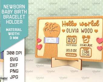 Newborn baby birth bracelet holder, 3D new baby birth stats chart lasercut, baby onesies, hospital wristband keeper, Hello there svg