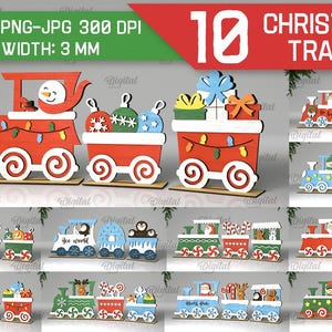 May include: Ten digital cut files of Christmas trains. Each train is made up of three cars with a variety of Christmas themes, including a snowman, presents, candy canes, and a gingerbread house. The files are in SVG, DXF, PNG, and JPG formats and are 300 DPI. The material width is 3 mm.