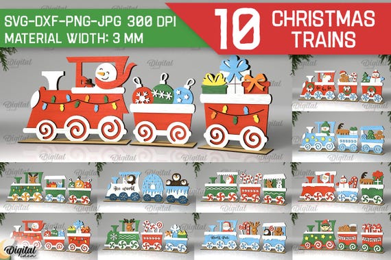 3D Christmas trains bundle, wooden Christmas train laser cut, winter decor, Xmas shelf sitter svg, xmas train stand glowforge, xmas quotes