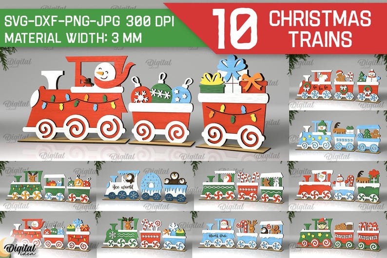 May include: Ten digital cut files of Christmas trains. Each train is made up of three cars with a variety of Christmas themes, including a snowman, presents, candy canes, and a gingerbread house. The files are in SVG, DXF, PNG, and JPG formats and are 300 DPI. The material width is 3 mm.