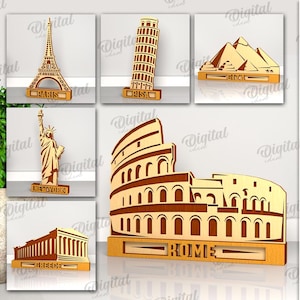 Bundel 3D-wereldoriëntatiepunten, wereldoriëntatiepunten lasergesneden, populaire monumenten svg, gelaagde plankoppas svg, Eiffeltoren, Vrijheidsbeeld