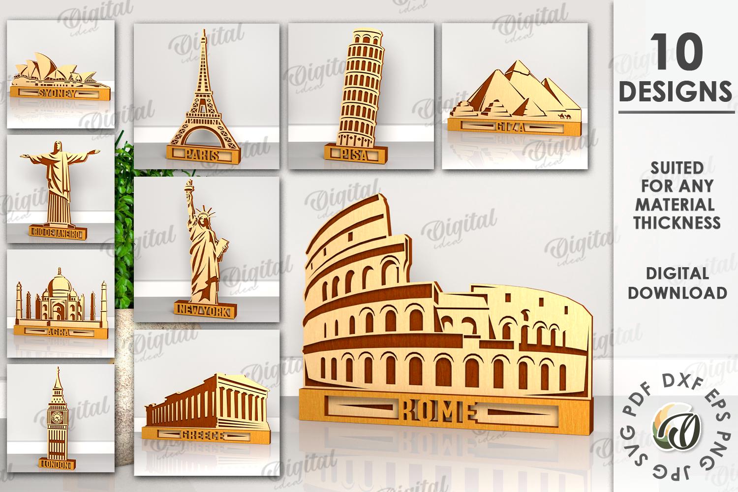 3D World landmark stands bundle, world landmarks laser cut, popular monuments svg, layered shelf sitter svg, Eiffel tower, Statue of Liberty