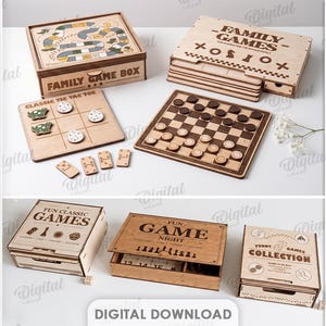 May include: A collection of laser-cut wooden game sets including a tic-tac-toe board with circular and turtle-shaped pieces, a checkers board with round tokens, and several wooden storage boxes labeled Family Games, Fun Classic Games, and Fun Game Night.