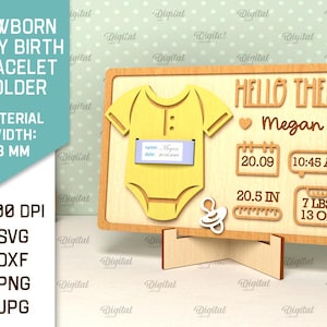 Soporte para pulsera de nacimiento de bebé recién nacido, cuadro de estadísticas de nacimiento de bebé recién nacido en 3D cortado con láser, monos de bebé, soporte para pulsera de hospital, Hola svg